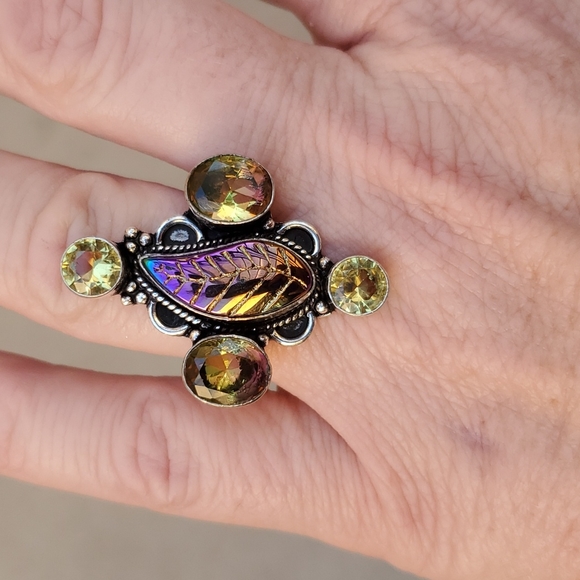 New Carved Rainbow Hematite, Citrine and Ametrine 925 Silver Ring. - Picture 7 of 13